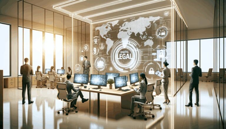 Oficina moderna con equipo tecnológico trabajando en soluciones legales digitales