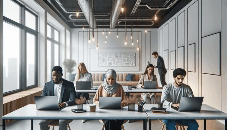Grupo diverso de emprendedores en un espacio de coworking moderno con laptops y pizarras