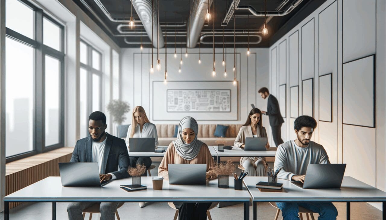 Grupo diverso de emprendedores en un espacio de coworking moderno con laptops y pizarras