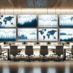 Oficina moderna con pantallas que muestran gráficos de datos financieros