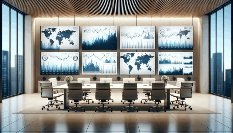 Oficina moderna con pantallas que muestran gráficos de datos financieros