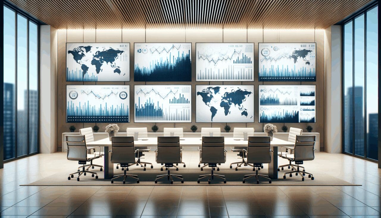 Oficina moderna con pantallas que muestran gráficos de datos financieros