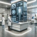 Interior moderno de una clínica con pantallas digitales y personal médico interactuando con interfaces de tecnología