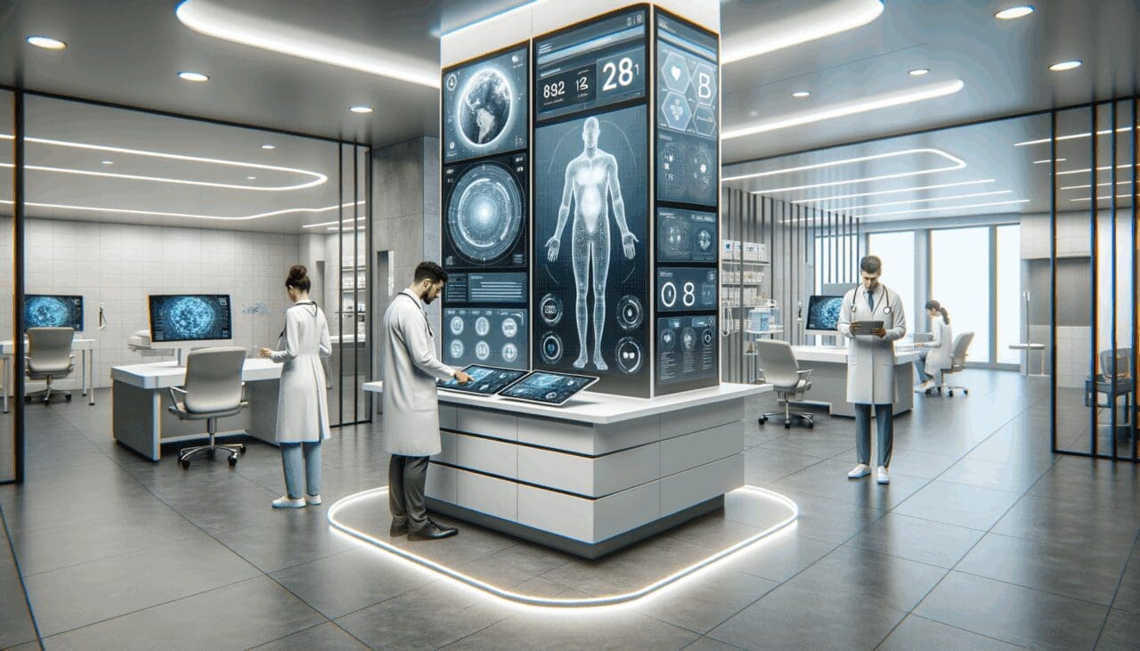 Interior moderno de una clínica con pantallas digitales y personal médico interactuando con interfaces de tecnología