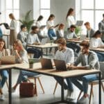 Oficina moderna con jóvenes emprendedores trabajando en laptops en un espacio de coworking