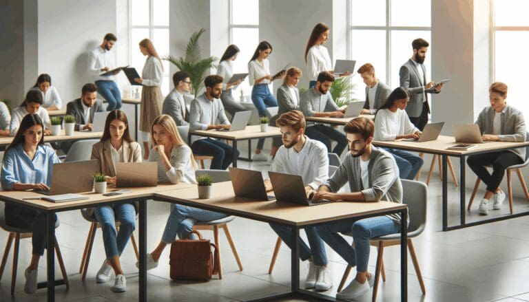 Oficina moderna con jóvenes emprendedores trabajando en laptops en un espacio de coworking