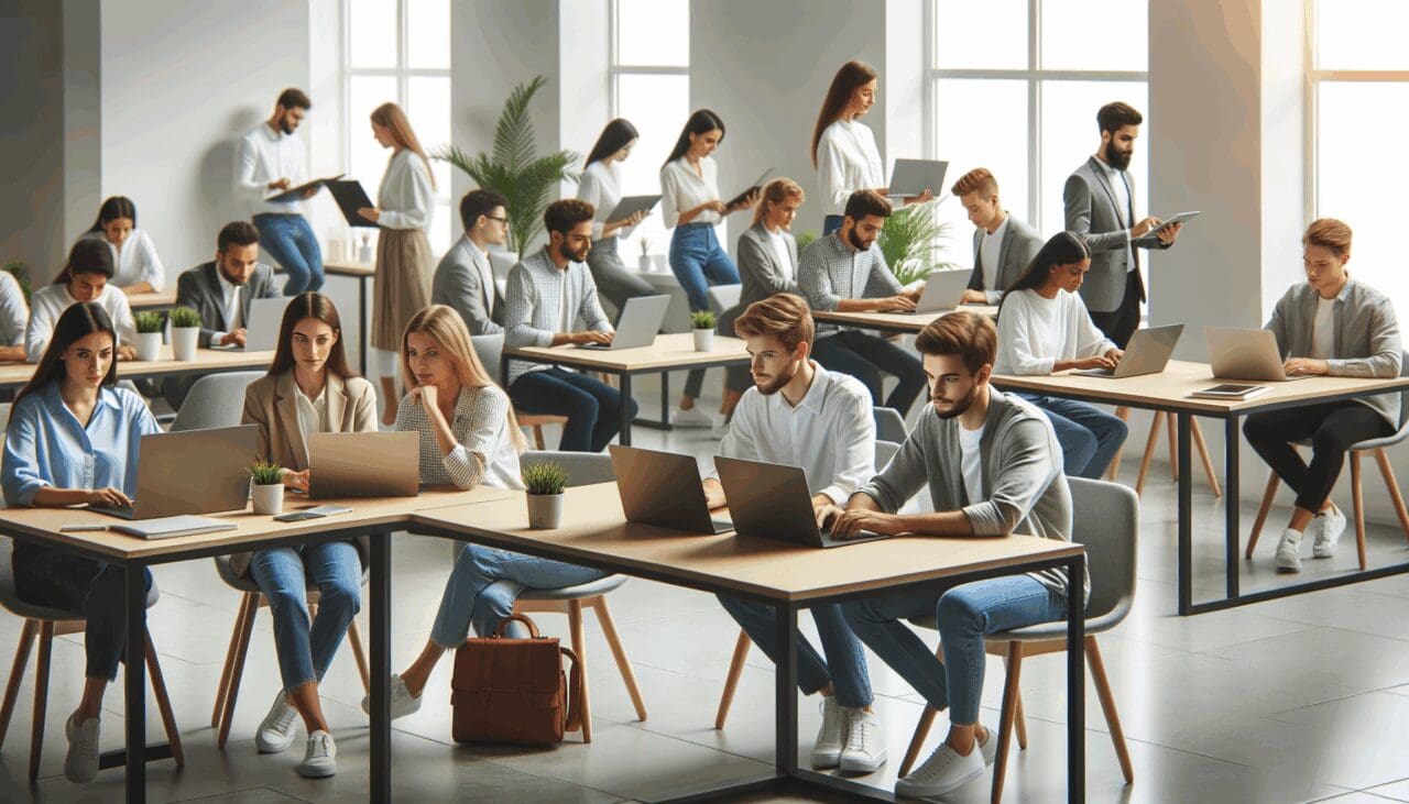 Oficina moderna con jóvenes emprendedores trabajando en laptops en un espacio de coworking