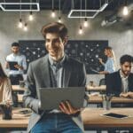 Emprendedores en un coworking moderno de Bogotá con laptops y pizarras digitales