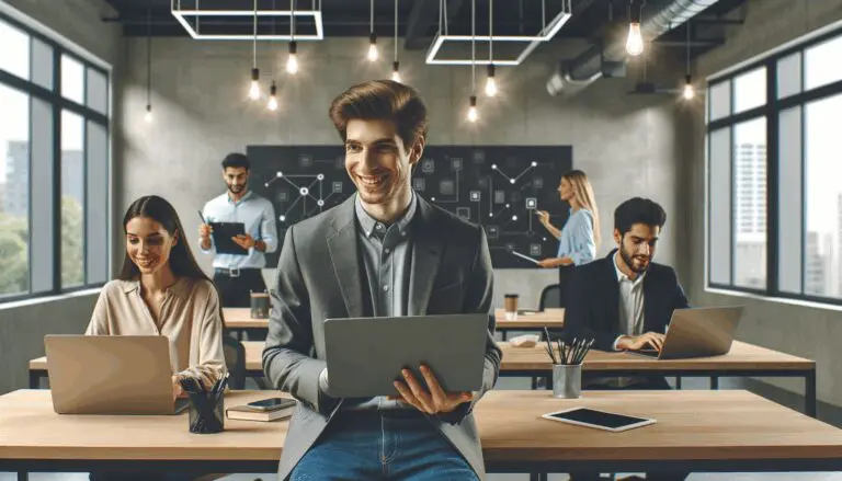 Emprendedores en un coworking moderno de Bogotá con laptops y pizarras digitales