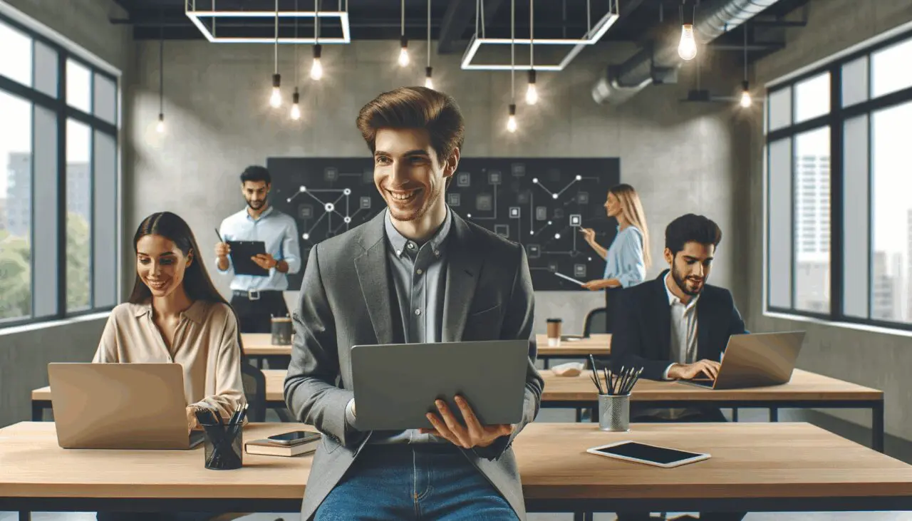 Emprendedores en un coworking moderno de Bogotá con laptops y pizarras digitales