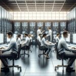 Científicos de datos trabajando en computadoras dentro de un centro de innovación tecnológica moderno