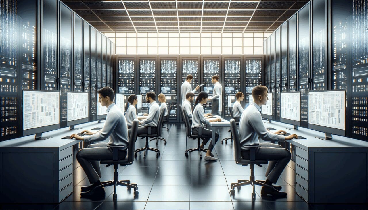 Científicos de datos trabajando en computadoras dentro de un centro de innovación tecnológica moderno