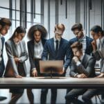 Jóvenes empresarios analizando una pantalla digital en una oficina moderna