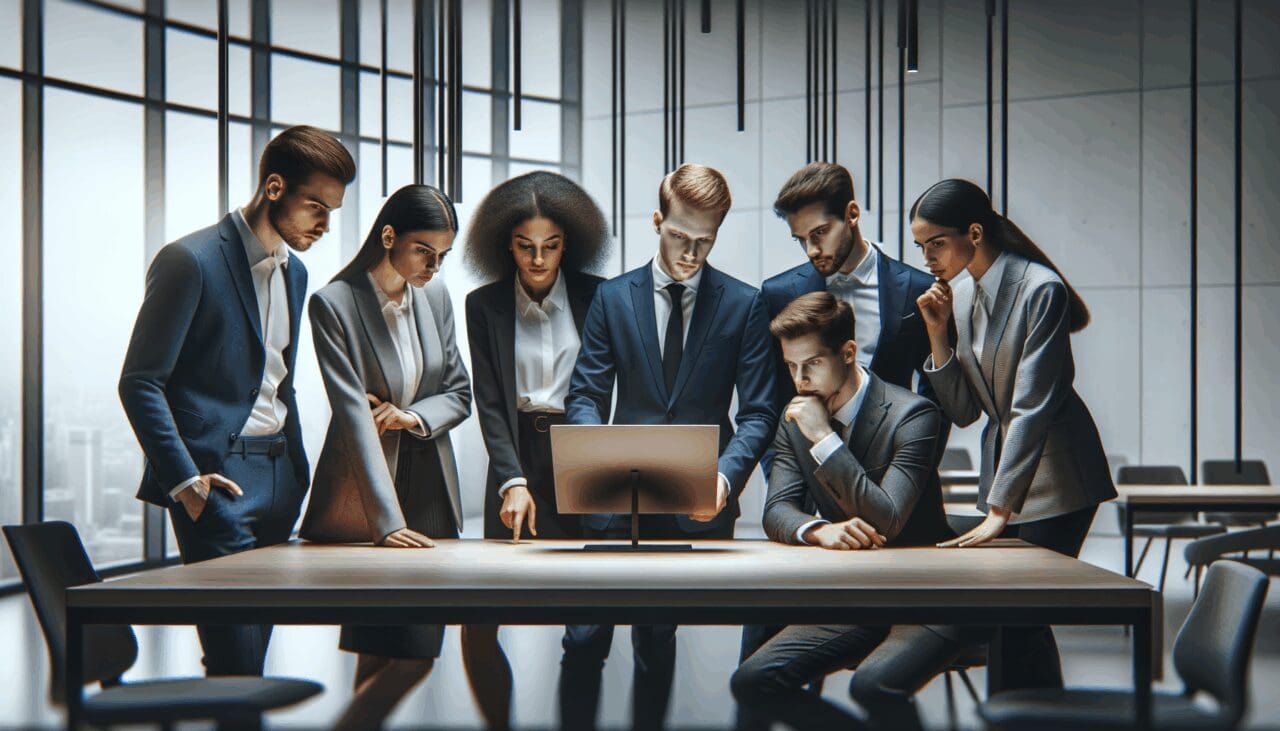 Jóvenes empresarios analizando una pantalla digital en una oficina moderna