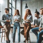 Jóvenes emprendedores discutiendo ideas en un espacio de coworking moderno.