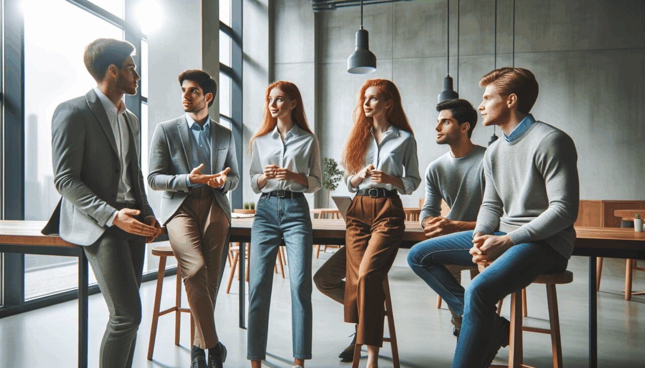 Jóvenes emprendedores discutiendo ideas en un espacio de coworking moderno.