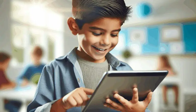 Niño utilizando una tablet educativa en un entorno amigable y luminoso