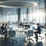 Interior de una oficina moderna con emprendedores colaborando y laptops sobre mesas