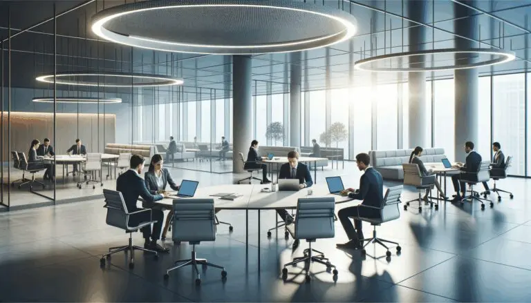 Interior de una oficina moderna con emprendedores colaborando y laptops sobre mesas