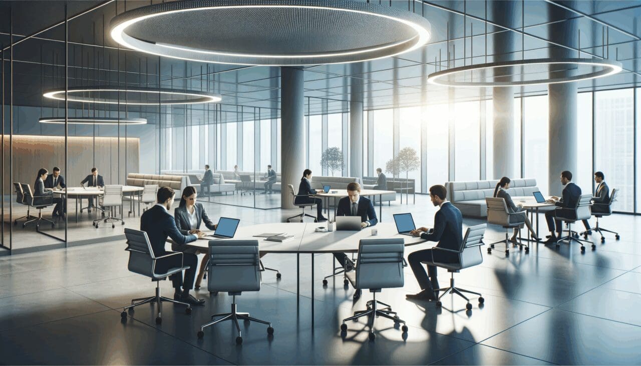 Interior de una oficina moderna con emprendedores colaborando y laptops sobre mesas