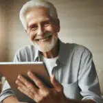 Retrato de una persona mayor sonriente usando una tablet en su hogar luminoso