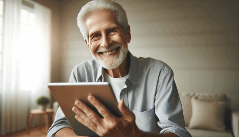 Retrato de una persona mayor sonriente usando una tablet en su hogar luminoso