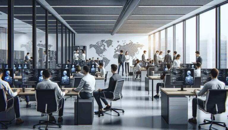 Oficinas modernas con equipos de desarrolladores trabajando en inteligencia artificial