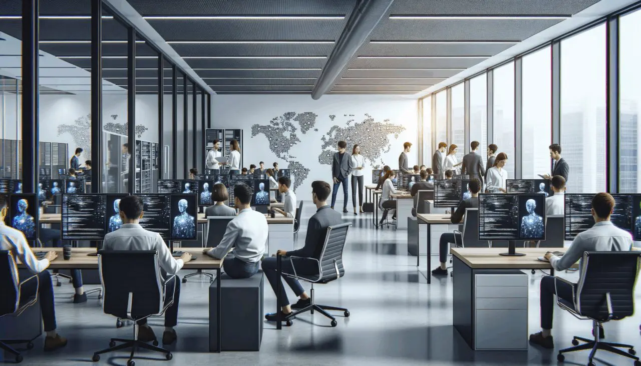 Oficinas modernas con equipos de desarrolladores trabajando en inteligencia artificial