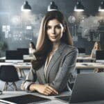 Retrato de una mujer emprendedora en un espacio de trabajo moderno con laptops y pizarras digitales