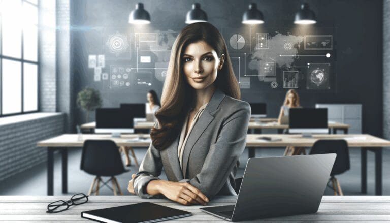 Retrato de una mujer emprendedora en un espacio de trabajo moderno con laptops y pizarras digitales