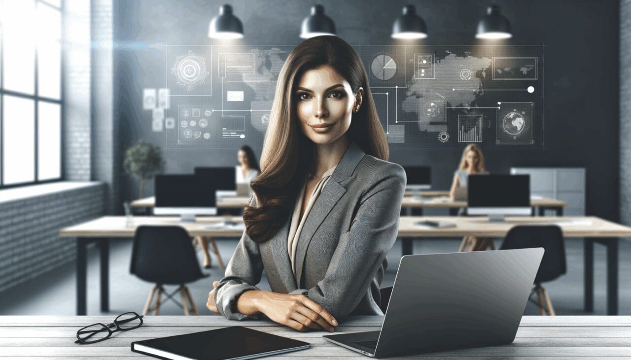 Retrato de una mujer emprendedora en un espacio de trabajo moderno con laptops y pizarras digitales