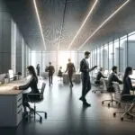 Oficinas modernas con empleados colaborando, ambiente tecnológico e internacional