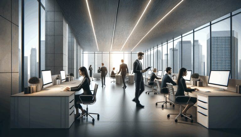 Oficinas modernas con empleados colaborando, ambiente tecnológico e internacional