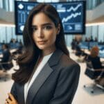 Retrato editorial de una inversionista en un entorno corporativo tecnológico moderno.