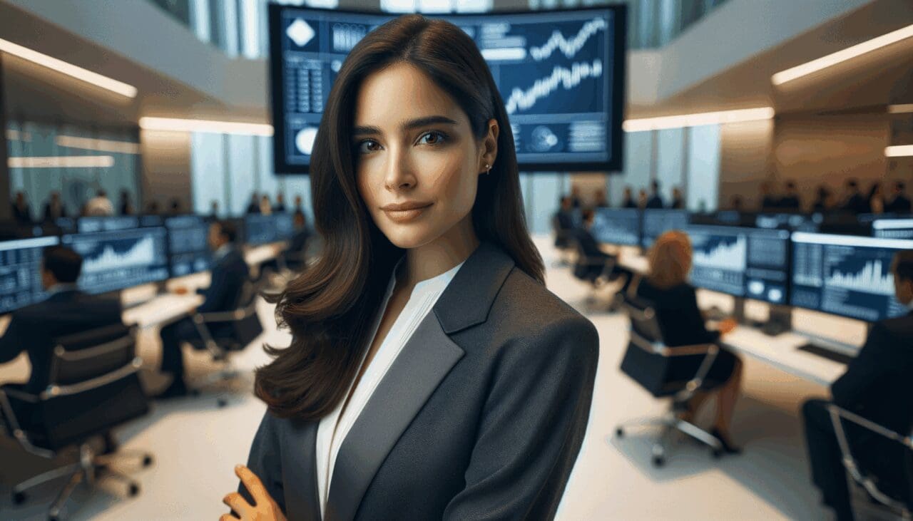 Retrato editorial de una inversionista en un entorno corporativo tecnológico moderno.