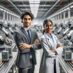 Ingenieros trabajando junto a robots industriales en una línea de ensamblaje avanzada