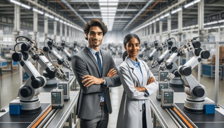 Ingenieros trabajando junto a robots industriales en una línea de ensamblaje avanzada