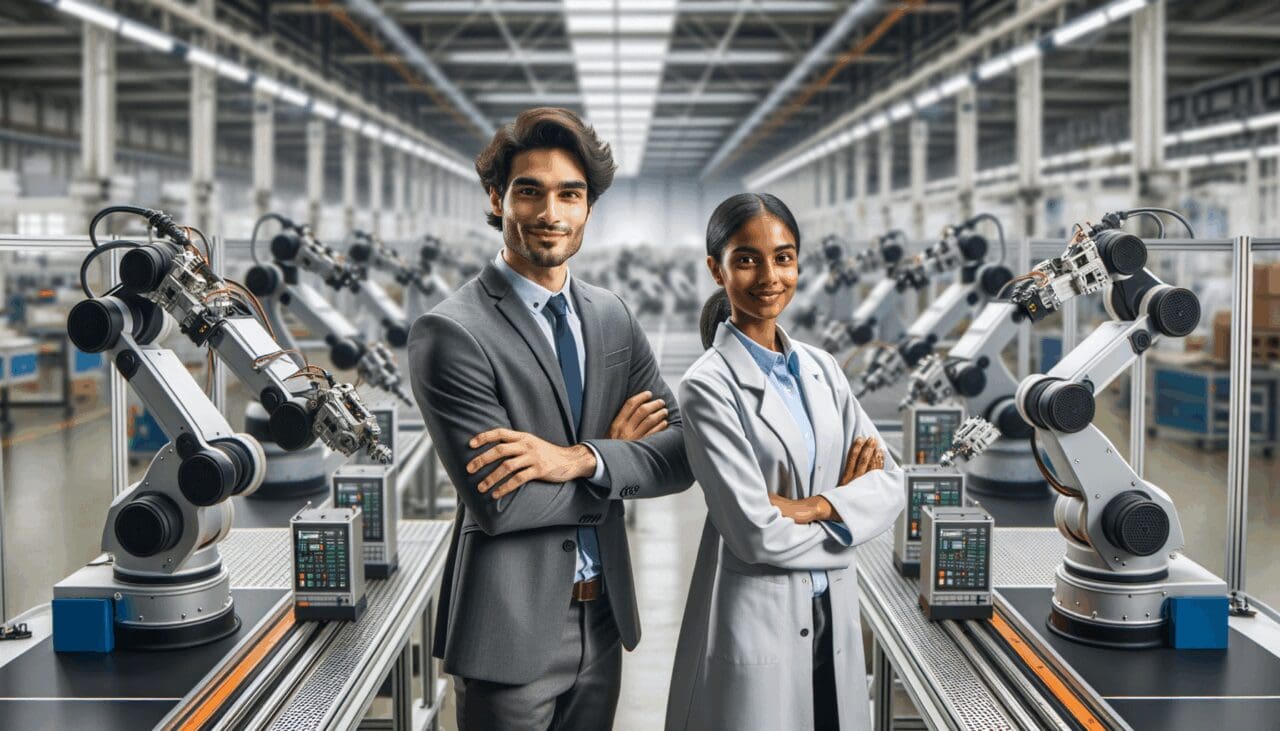 Ingenieros trabajando junto a robots industriales en una línea de ensamblaje avanzada