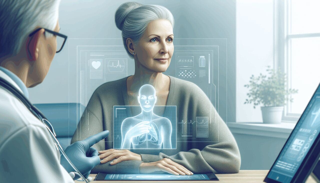 Retrato de una mujer madura en consulta médica con un enfoque tecnológico en salud