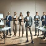 Emprendedores presentando su pitch frente a un panel en un evento corporativo