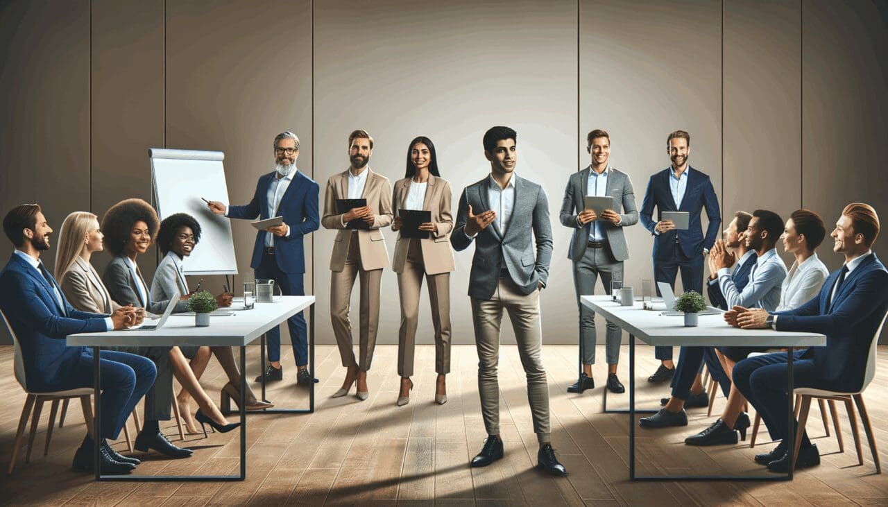 Emprendedores presentando su pitch frente a un panel en un evento corporativo