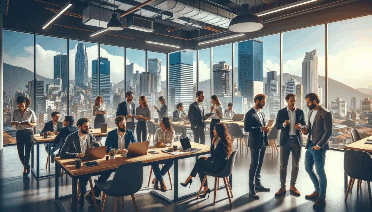 Emprendedores reunidos en un espacio de coworking moderno con vista urbana de Medellín