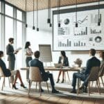 Equipo de emprendedores reunido en una sala moderna revisando una presentación financiera