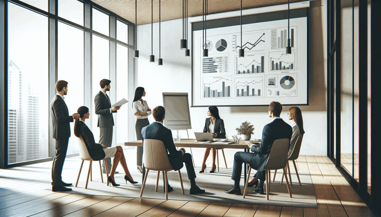 Equipo de emprendedores reunido en una sala moderna revisando una presentación financiera