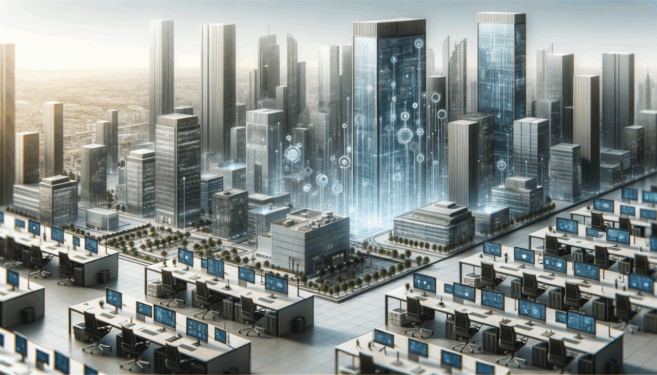 Vista moderna de una ciudad con rascacielos tecnológicos y espacios de trabajo colaborativo