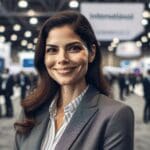 Retrato de una emprendedora latina sonriente en un evento tecnológico internacional