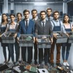 Equipo de emprendedores jóvenes en un laboratorio tecnológico organizando dispositivos electrónicos reutilizados