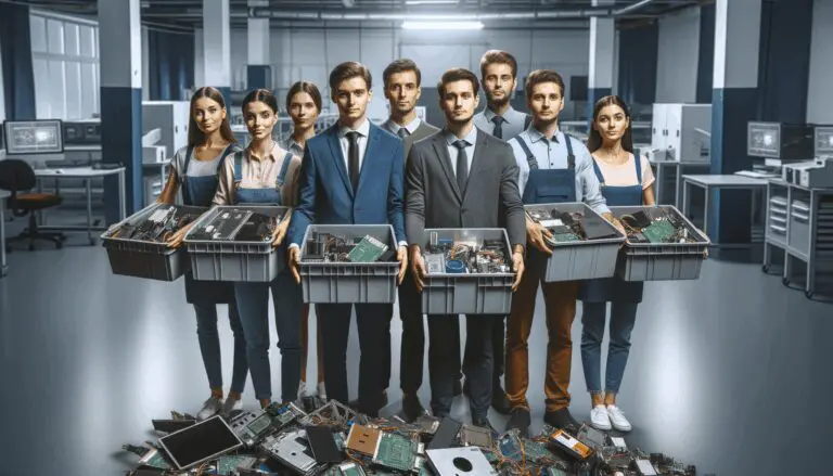 Equipo de emprendedores jóvenes en un laboratorio tecnológico organizando dispositivos electrónicos reutilizados
