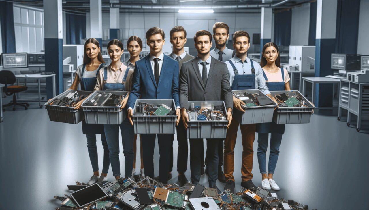 Equipo de emprendedores jóvenes en un laboratorio tecnológico organizando dispositivos electrónicos reutilizados