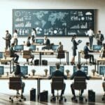 Oficina moderna con emprendedores trabajando en laptops y pantallas con gráficos